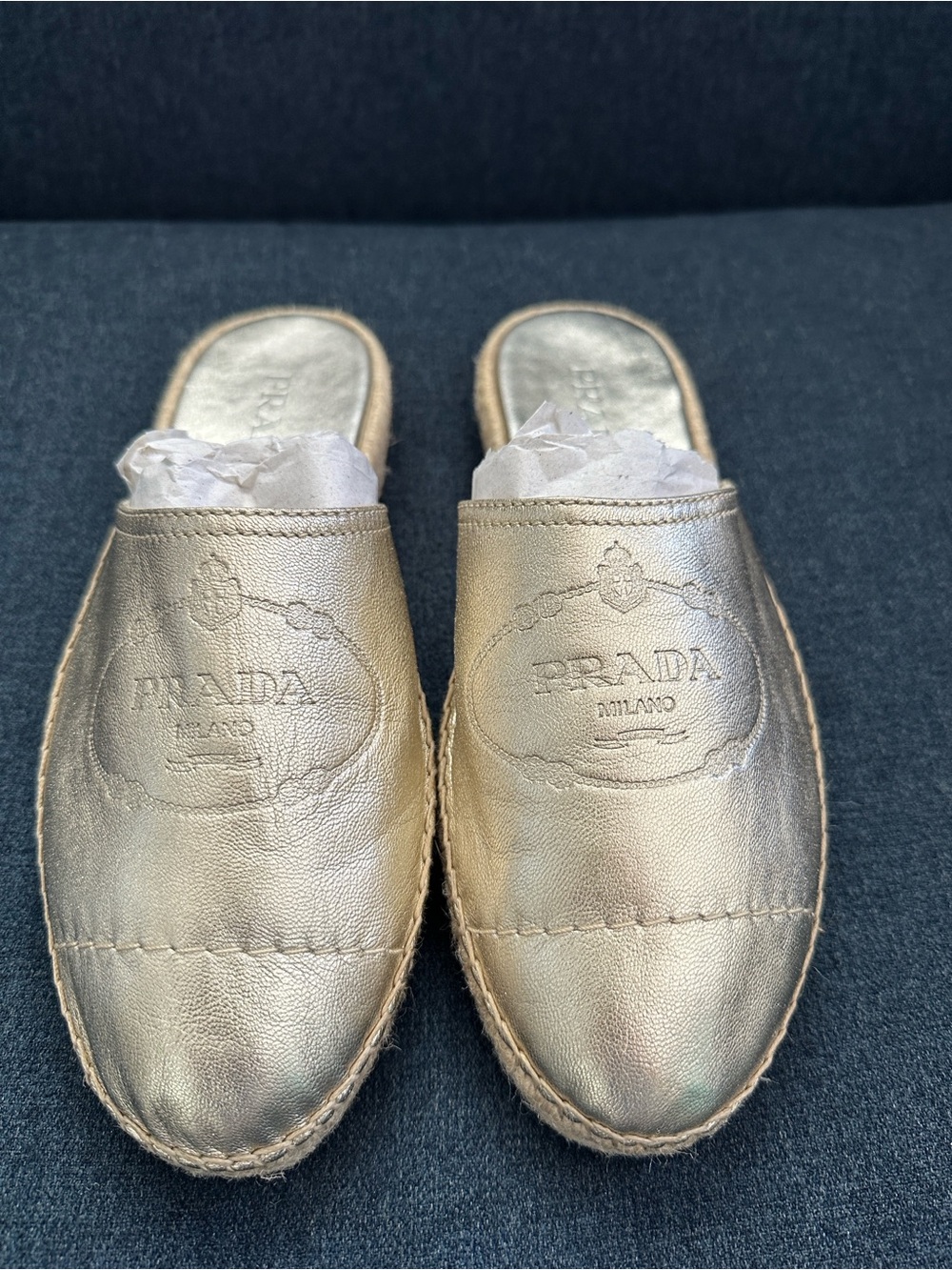 Prada Metallic Gold Leather Espadrille Mule Slides Women’s 41